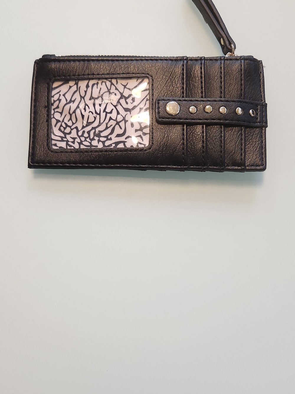 Black Studded Credit Card Holder, with Clear ID Window, 10-Pouches for cards.